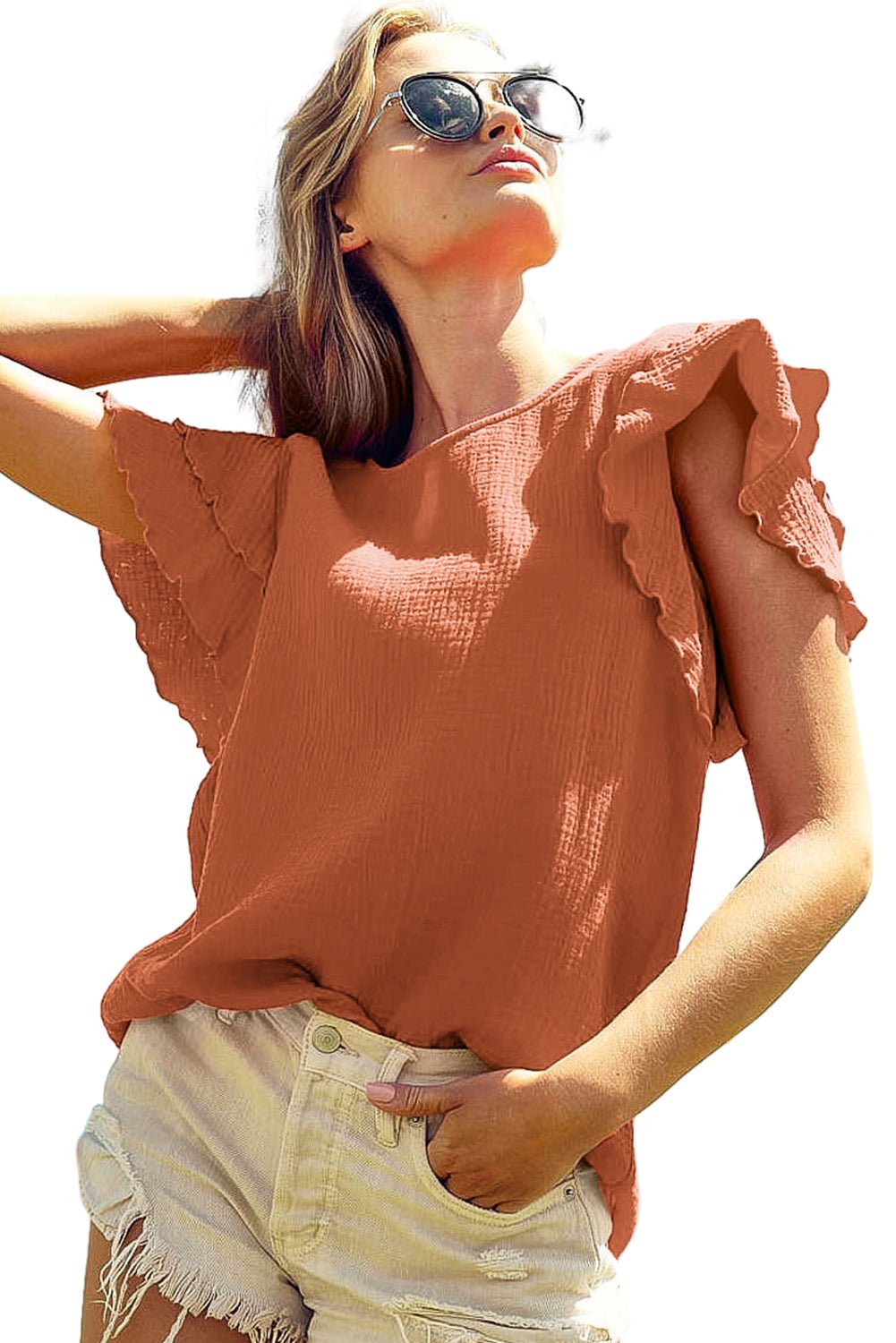Orange Crinkled Ruffle Sleeve Blouse - MAD RUFFI