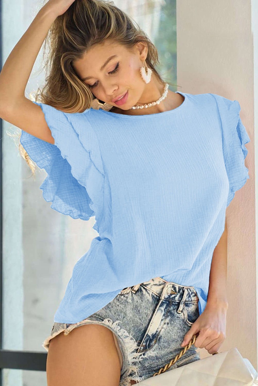 Orange Crinkled Ruffle Sleeve Blouse - MAD RUFFI