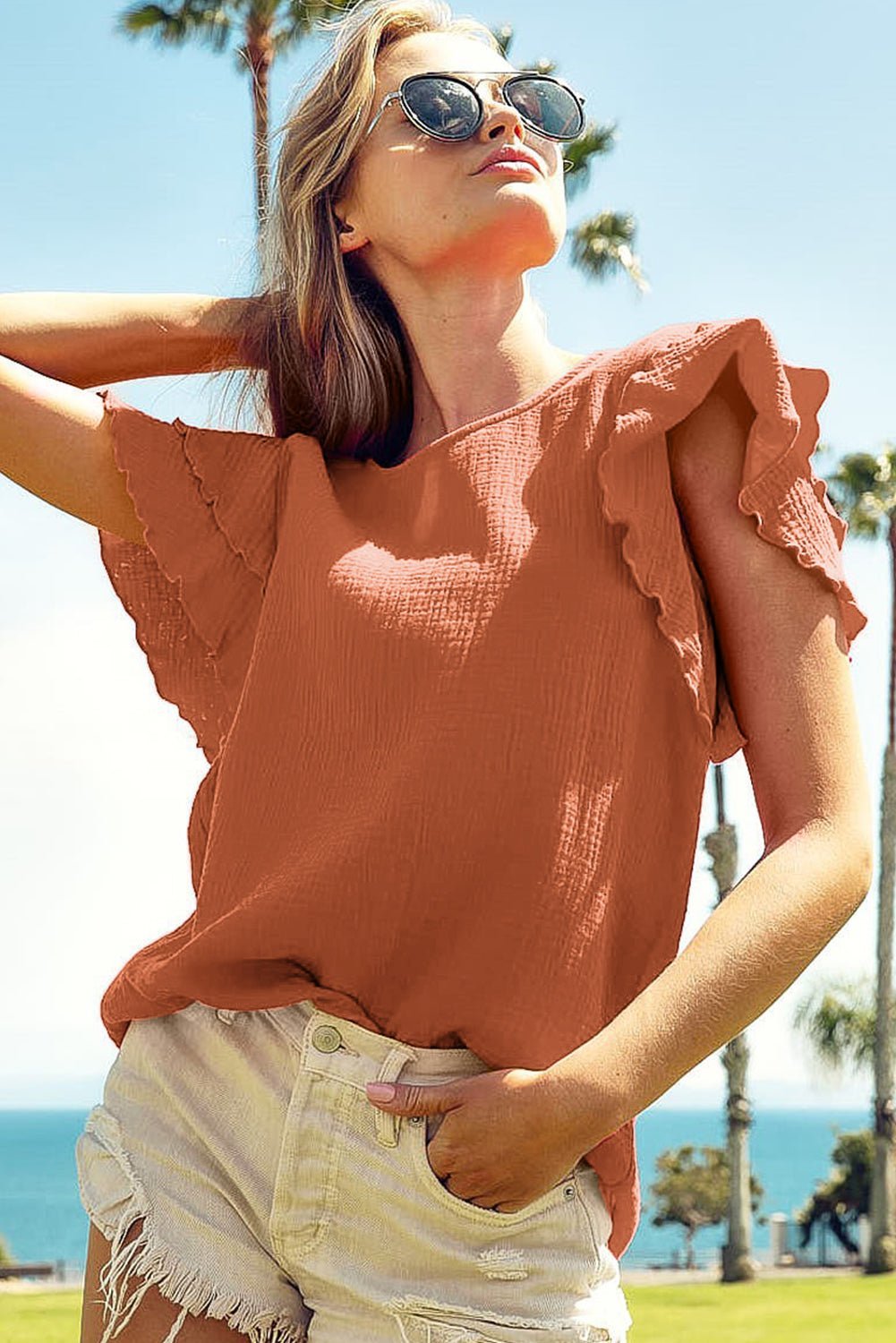 Orange Crinkled Ruffle Sleeve Blouse - MAD RUFFI