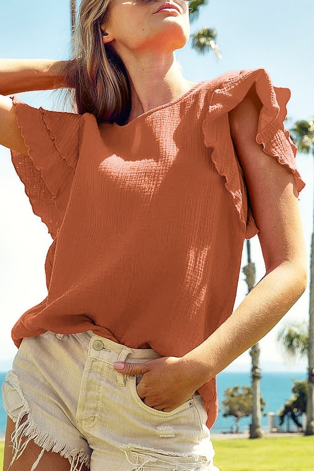 Orange Crinkled Ruffle Sleeve Blouse - MAD RUFFI