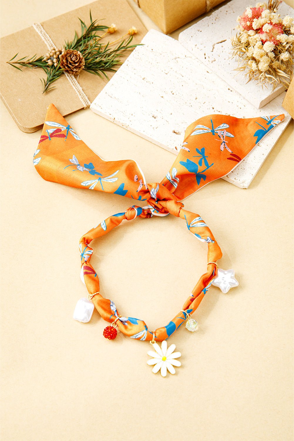Orange Daisy Flower & Pearl Pendants Abstract Scarf Necklace - MAD RUFFI