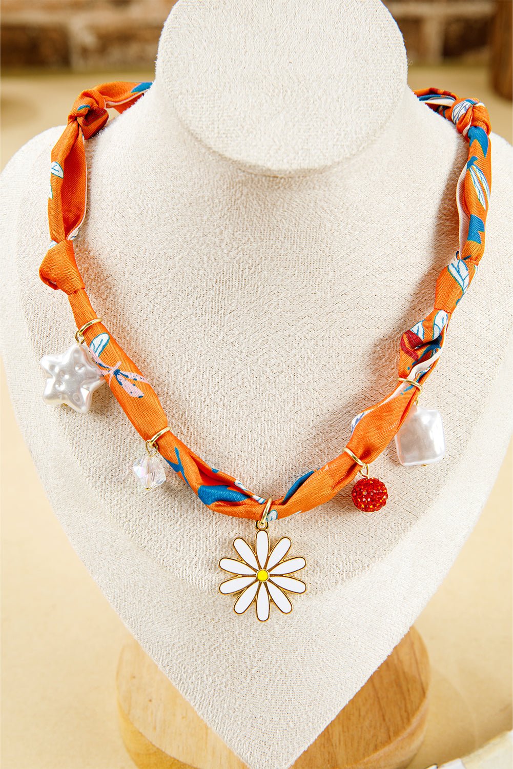 Orange Daisy Flower & Pearl Pendants Abstract Scarf Necklace - MAD RUFFI