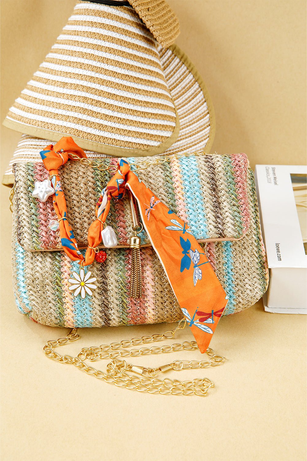 Orange Daisy Flower & Pearl Pendants Abstract Scarf Necklace - MAD RUFFI