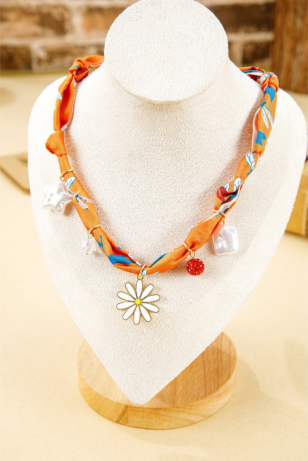Orange Daisy Flower & Pearl Pendants Abstract Scarf Necklace - MAD RUFFI