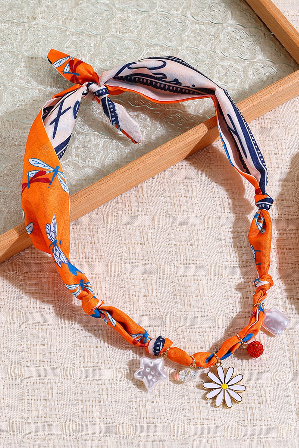 Orange Daisy Flower & Pearl Pendants Abstract Scarf Necklace - MAD RUFFI