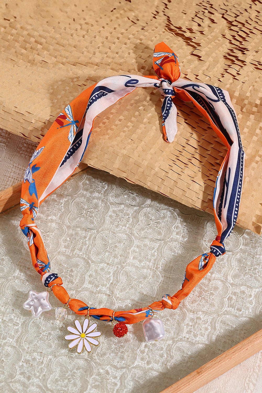 Orange Daisy Flower & Pearl Pendants Abstract Scarf Necklace - MAD RUFFI