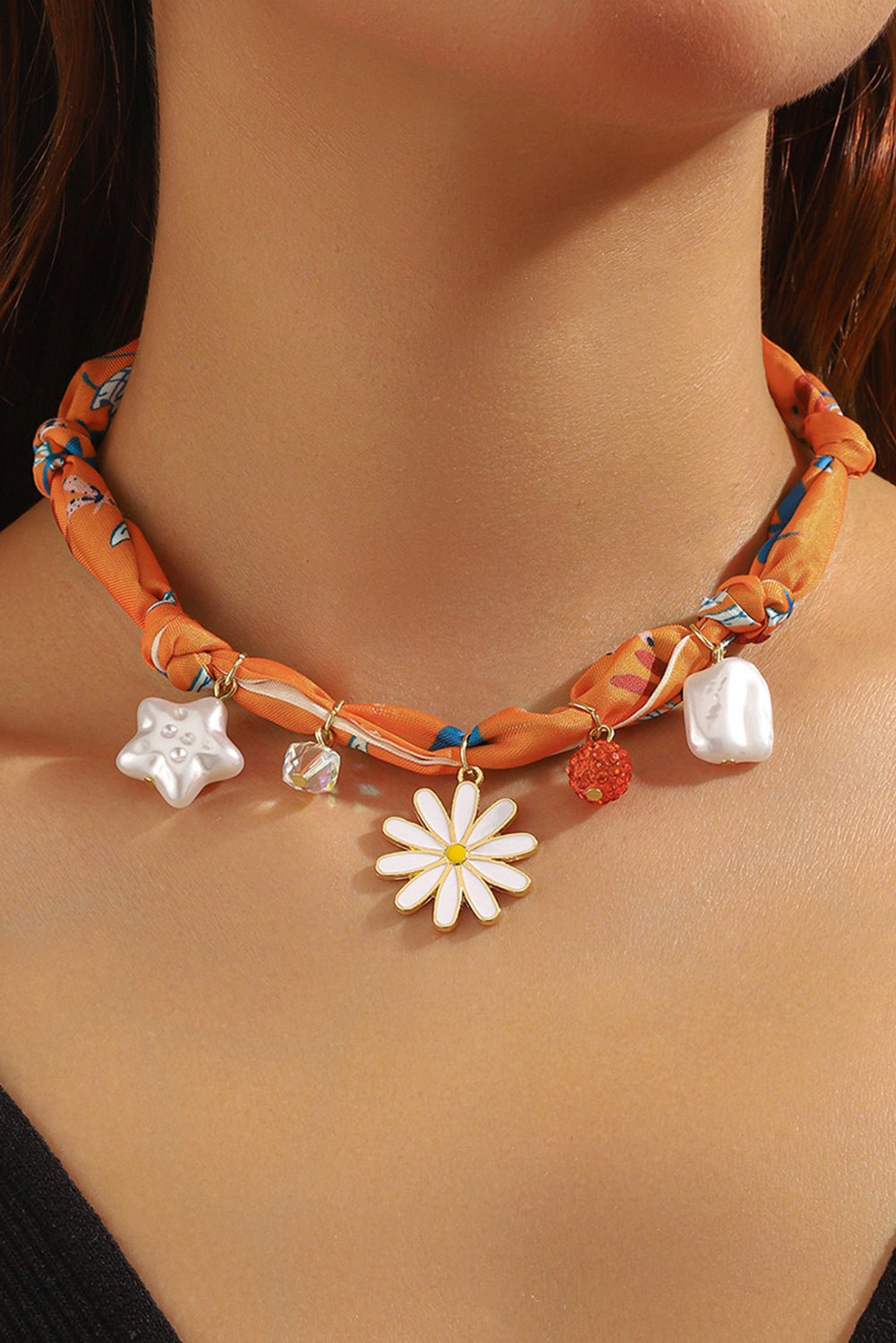 Orange Daisy Flower & Pearl Pendants Abstract Scarf Necklace - MAD RUFFI