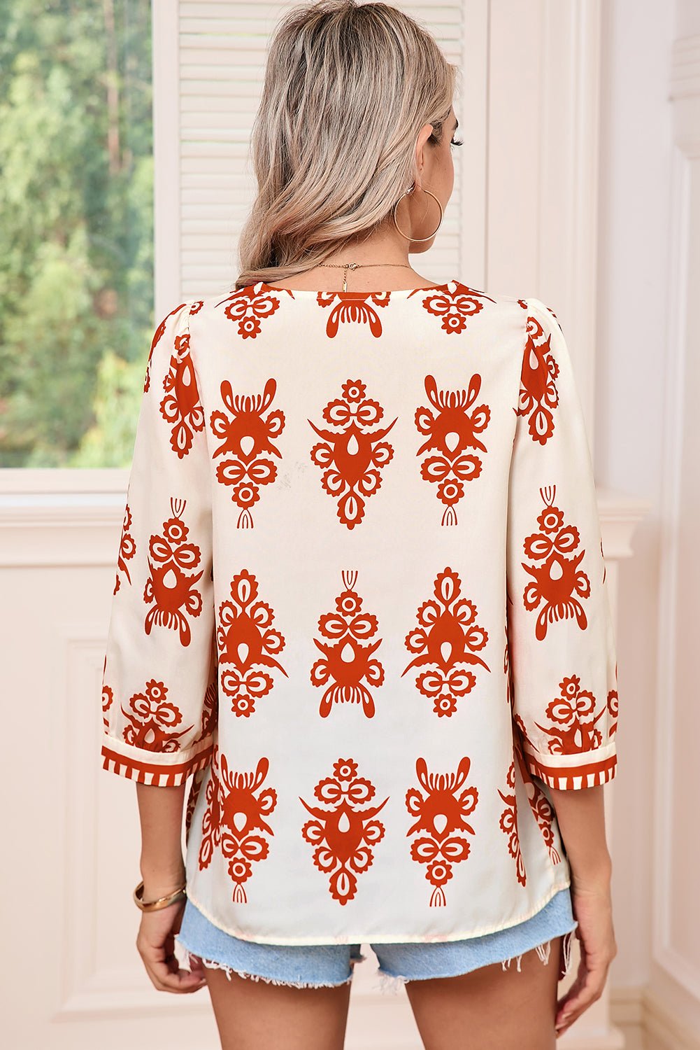 Orange Ethnic Abstract Print Puff Sleeve V Neck Blouse - MAD RUFFI