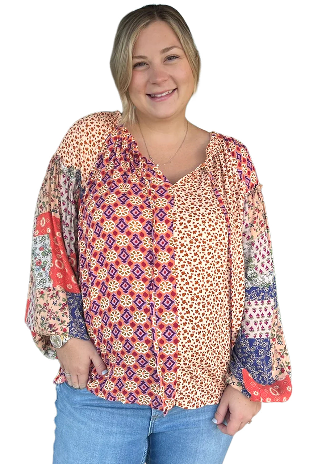 Orange Floral Geometric Patchwork Lace-up Plus Size Blouse - MAD RUFFI