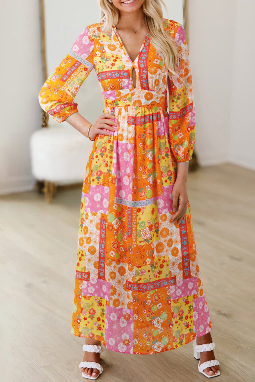 Orange Floral Patchwork Print Cut out Tied Back Bracelet Sleeve Maxi Dress - MAD RUFFI