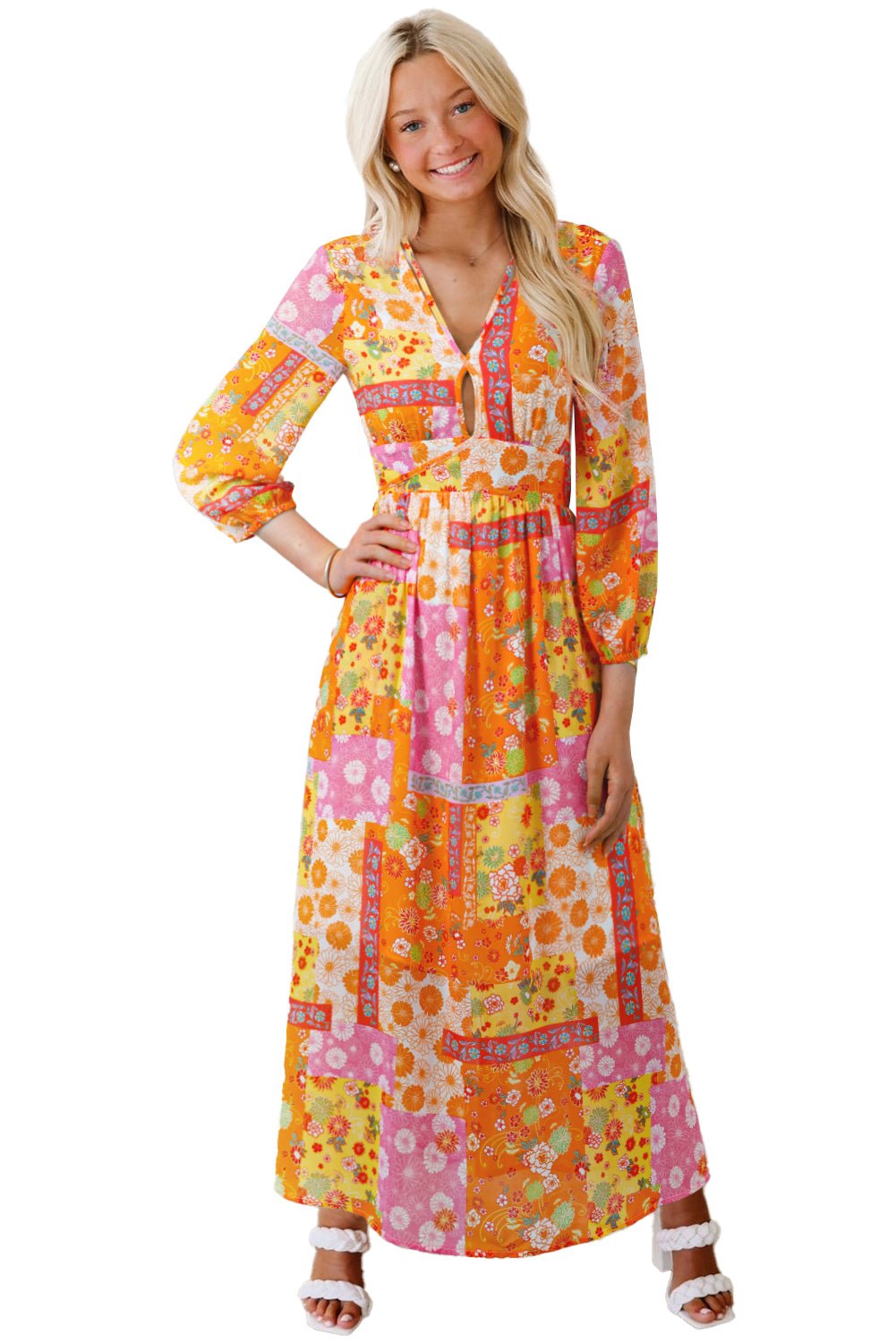 Orange Floral Patchwork Print Cut out Tied Back Bracelet Sleeve Maxi Dress - MAD RUFFI