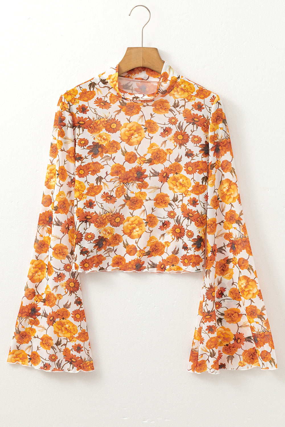 Orange Floral Print Bell Sleeve Mock Neck Scallop Trim Blouse - MAD RUFFI