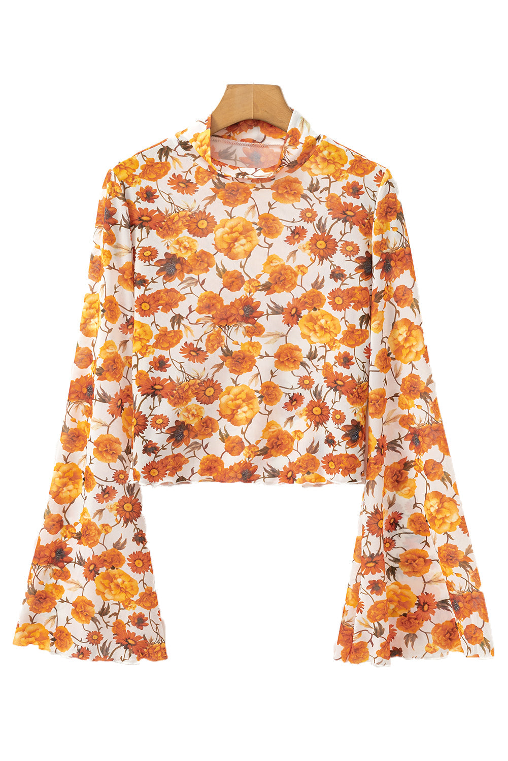 Orange Floral Print Bell Sleeve Mock Neck Scallop Trim Blouse - MAD RUFFI