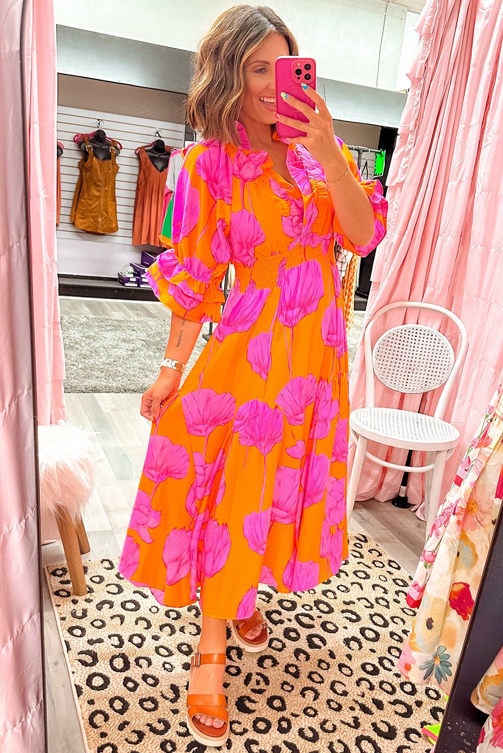 Orange Floral Print Frill Smocked V Neck 3/4 Sleeve Maxi Dress - MAD RUFFI