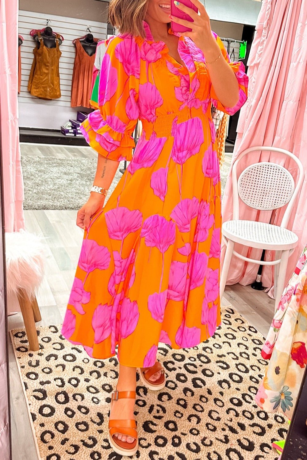 Orange Floral Print Frill Smocked V Neck 3/4 Sleeve Maxi Dress - MAD RUFFI