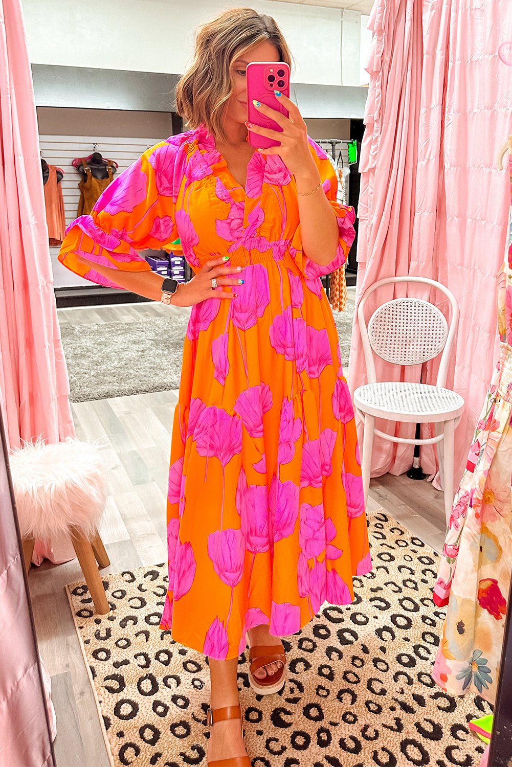 Orange Floral Print Frill Smocked V Neck 3/4 Sleeve Maxi Dress - MAD RUFFI