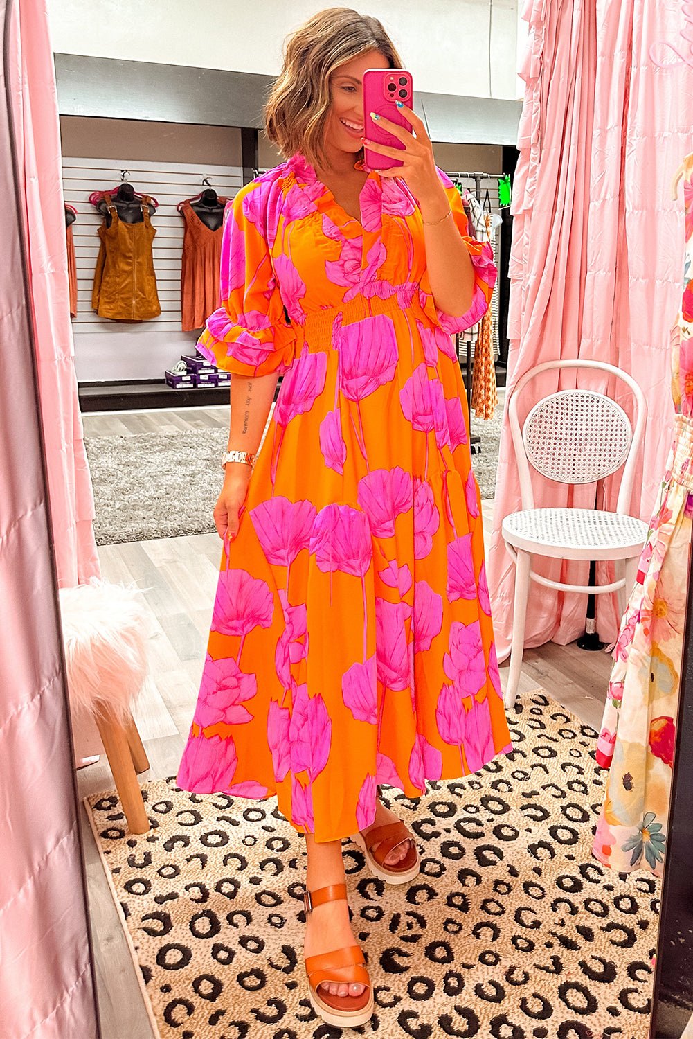 Orange Floral Print Frill Smocked V Neck 3/4 Sleeve Maxi Dress - MAD RUFFI