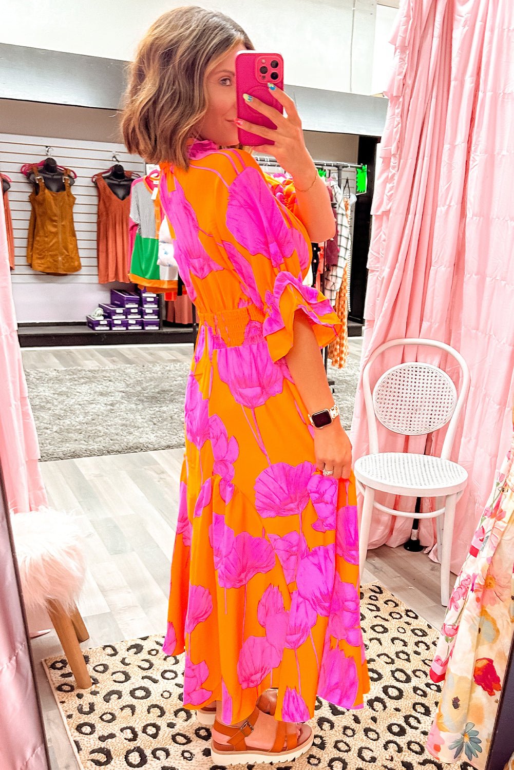 Orange Floral Print Frill Smocked V Neck 3/4 Sleeve Maxi Dress - MAD RUFFI