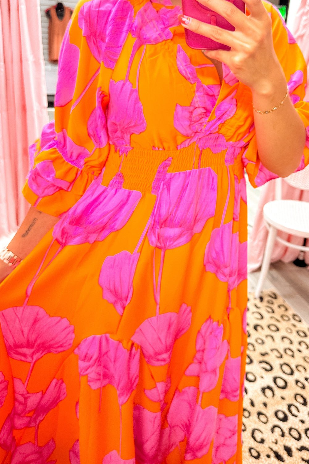 Orange Floral Print Frill Smocked V Neck 3/4 Sleeve Maxi Dress - MAD RUFFI