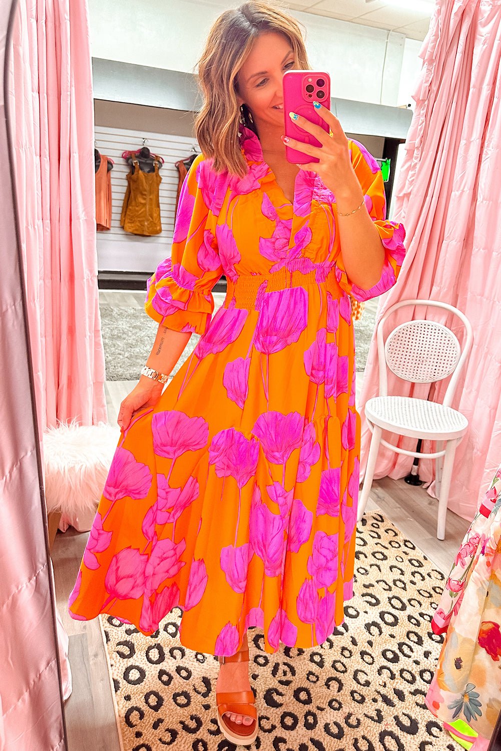 Orange Floral Print Frill Smocked V Neck 3/4 Sleeve Maxi Dress - MAD RUFFI