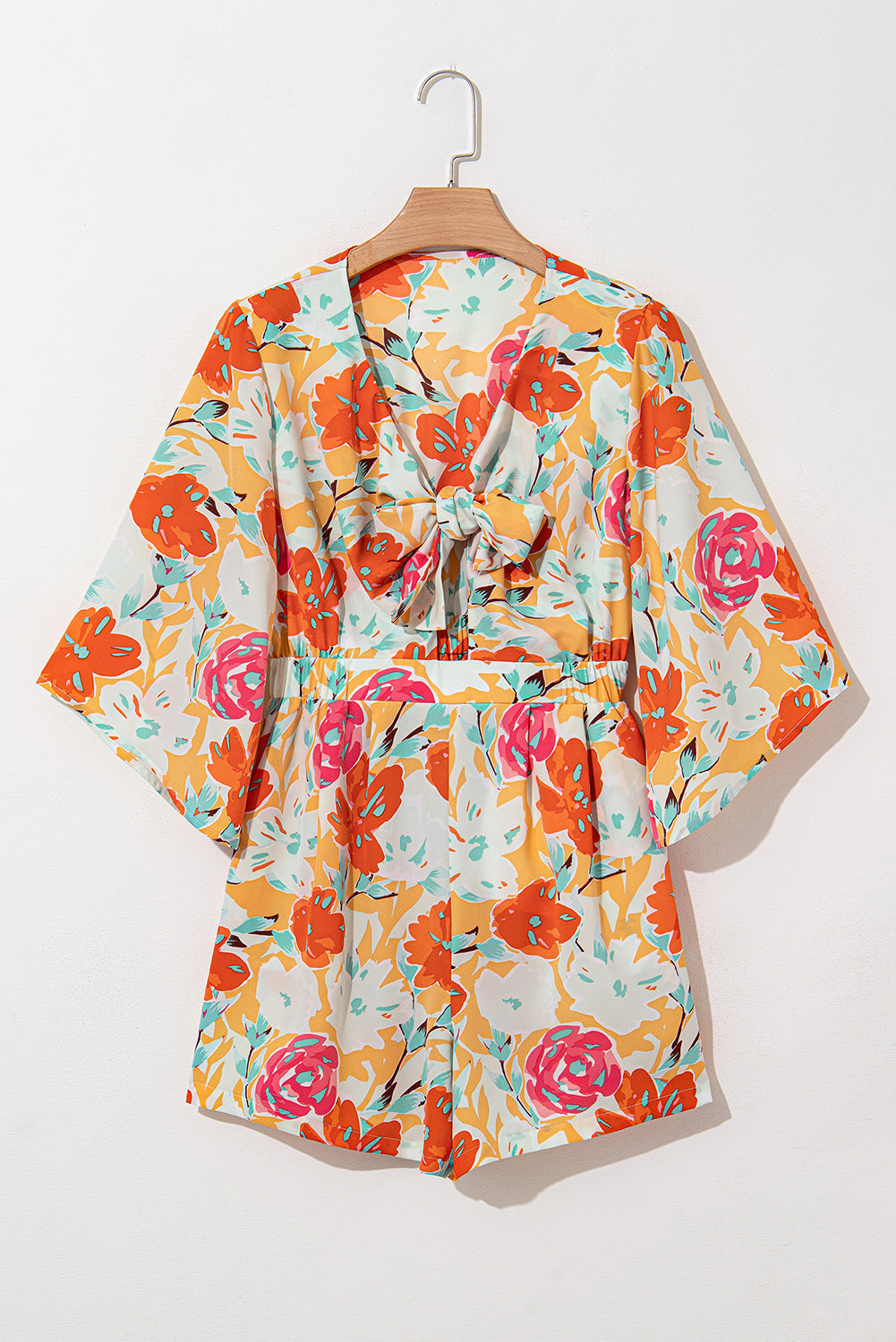 Orange Floral Print Front Tie V Neck Romper - MAD RUFFI