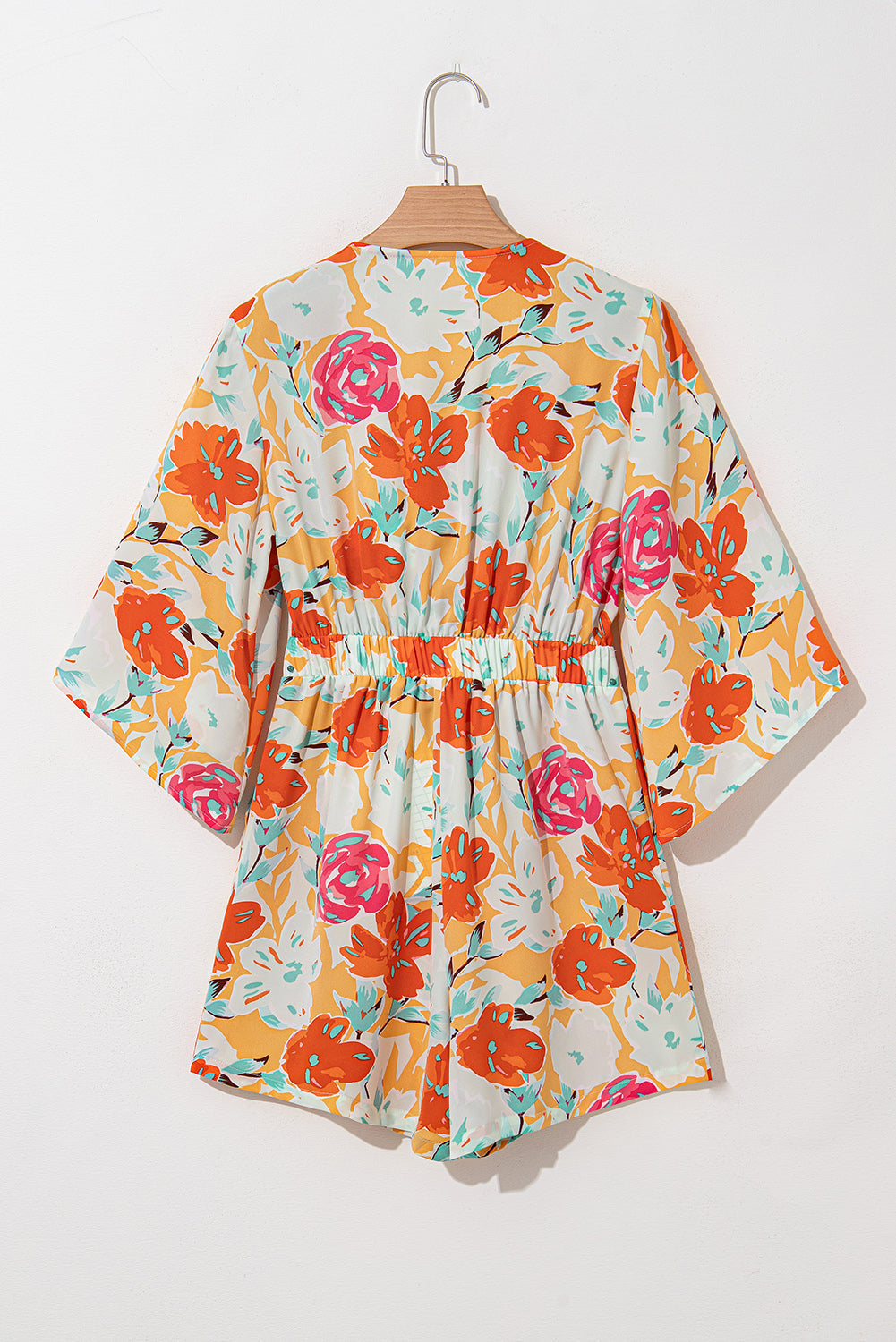 Orange Floral Print Front Tie V Neck Romper - MAD RUFFI