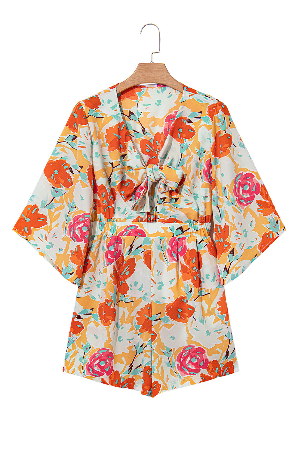 Orange Floral Print Front Tie V Neck Romper - MAD RUFFI