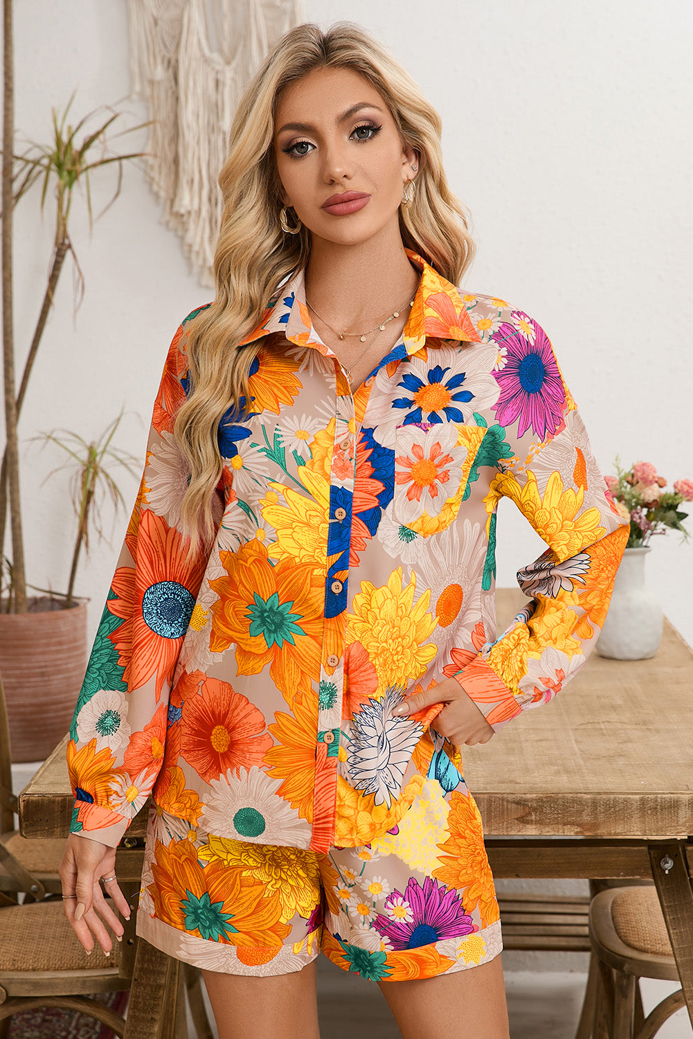 Orange Floral Print Lantern Sleeve Shirt & Drawstring Shorts Set - MAD RUFFI