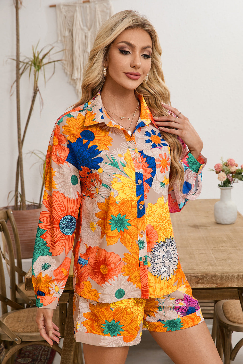 Orange Floral Print Lantern Sleeve Shirt & Drawstring Shorts Set - MAD RUFFI