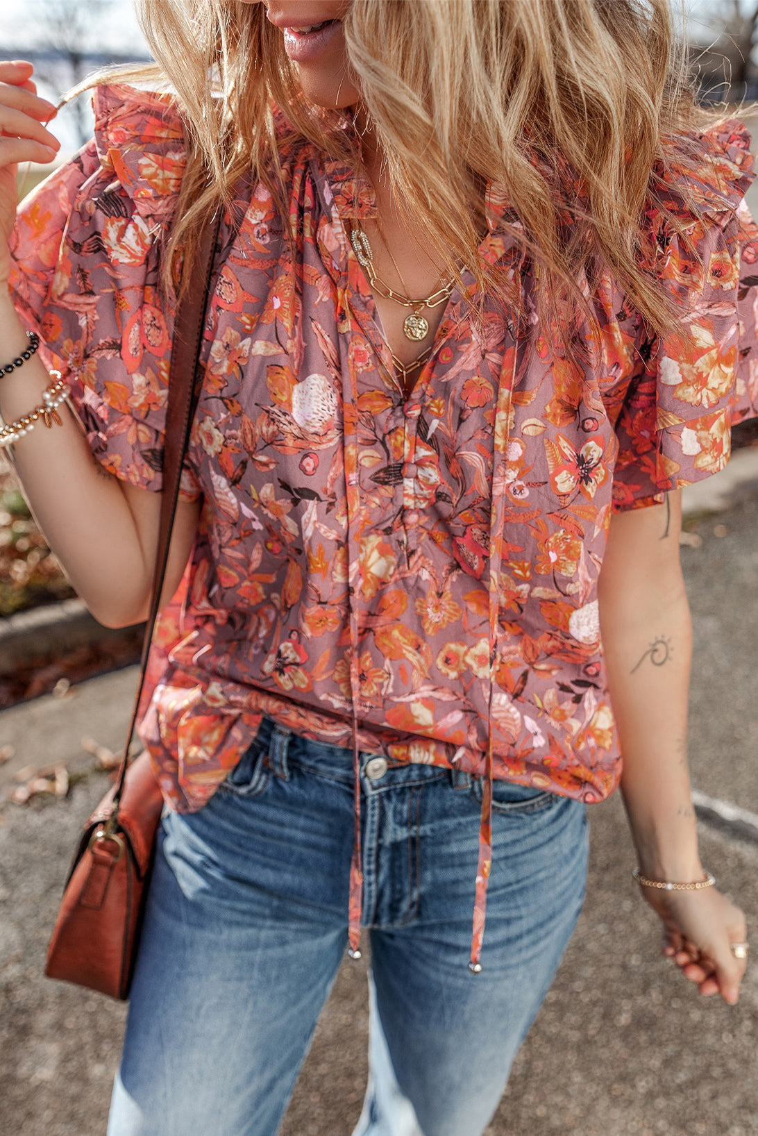 Orange Floral Print Ruffle Flutter Sleeve V Neck Blouse - Blouses