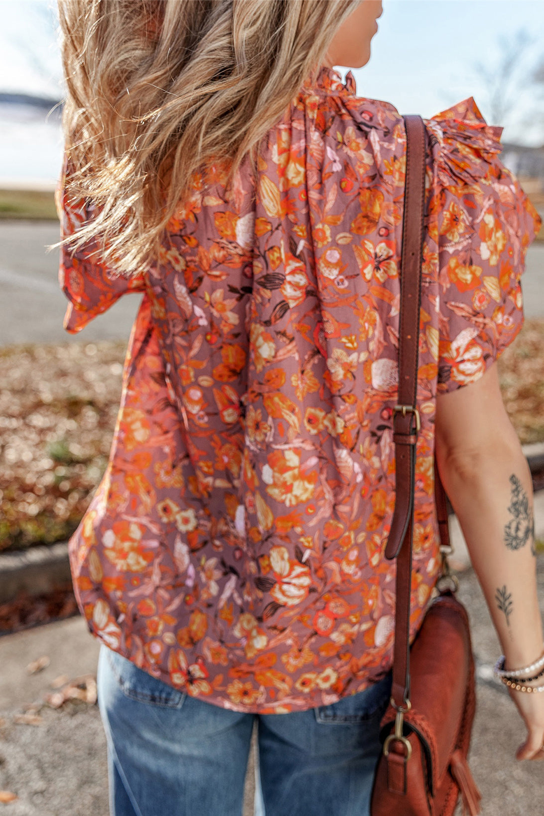 Orange Floral Print Ruffle Flutter Sleeve V Neck Blouse - Blouses