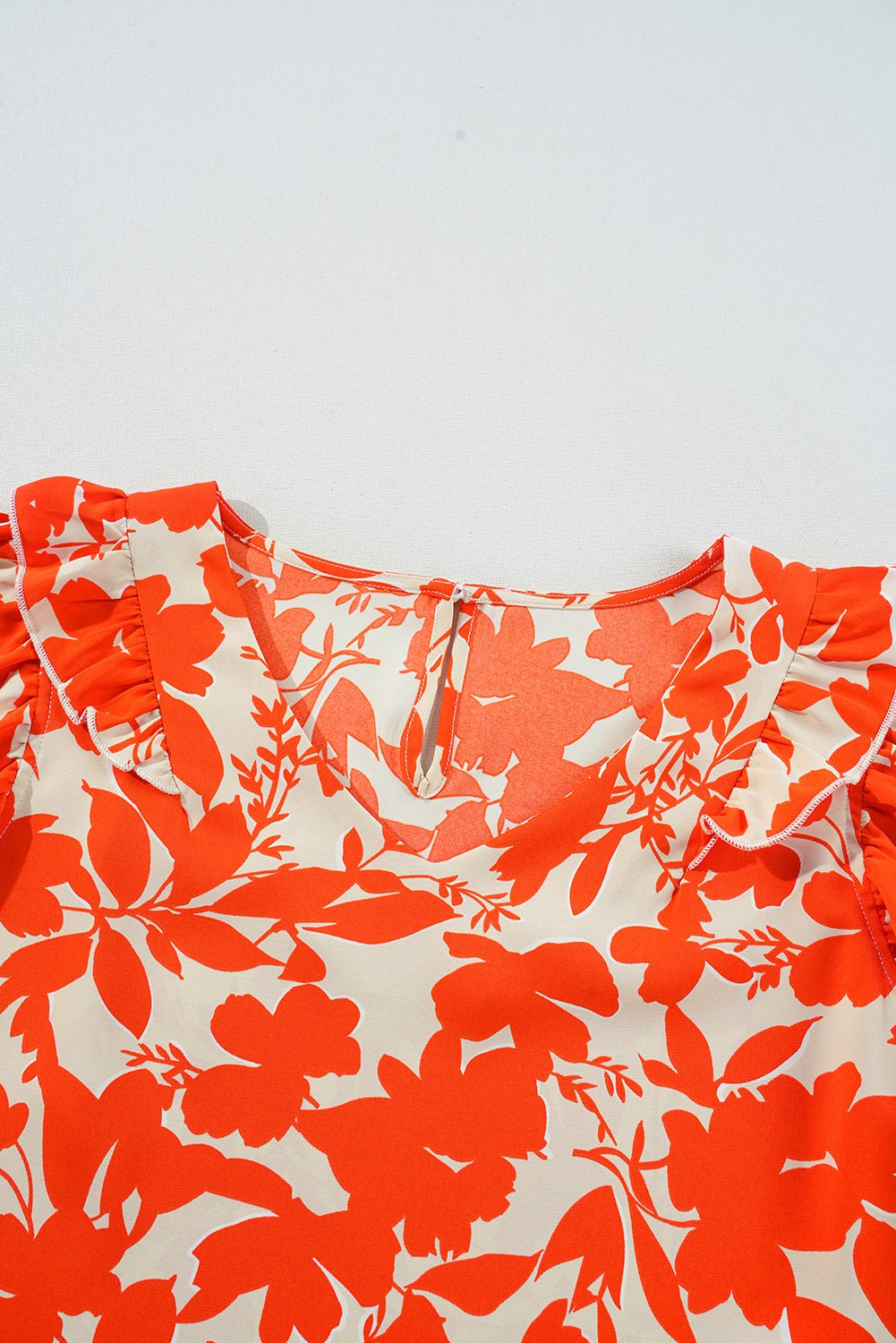 Orange Floral Print Ruffle Sleeve V Neck Top - MAD RUFFI