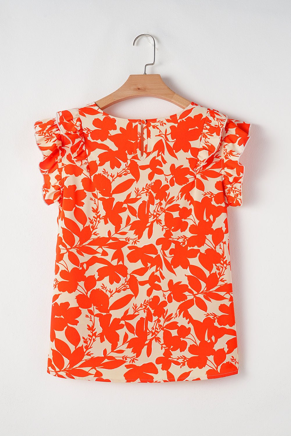 Orange Floral Print Ruffle Sleeve V Neck Top - MAD RUFFI