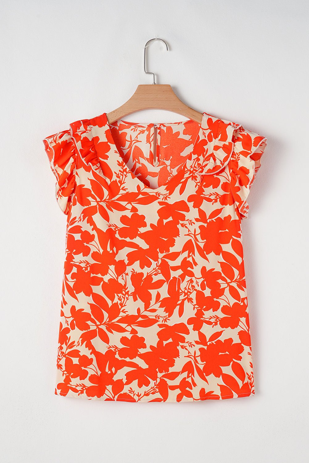 Orange Floral Print Ruffle Sleeve V Neck Top - MAD RUFFI