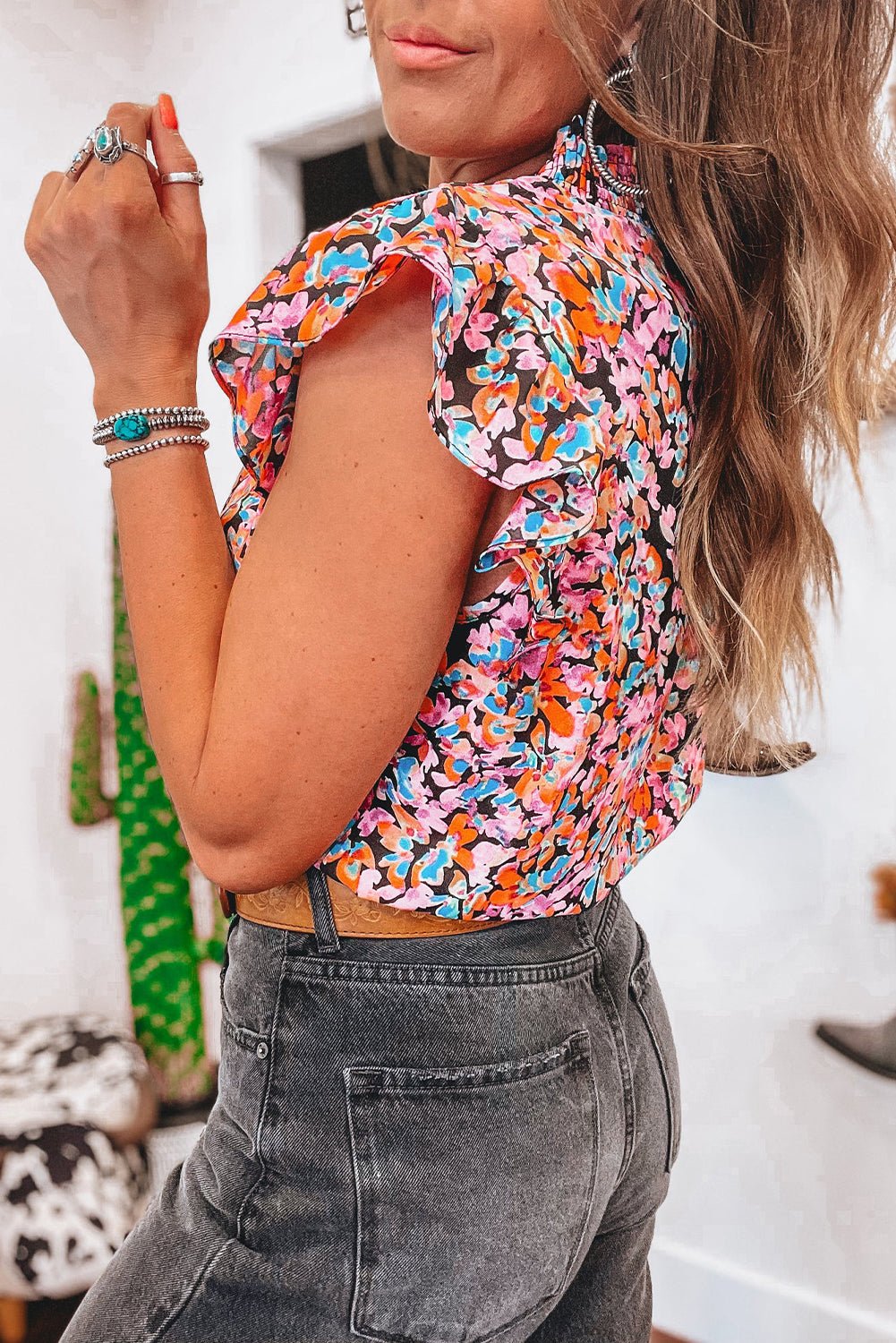 orange floral print shirred stand neck flutter shoulder blouse - MAD RUFFI