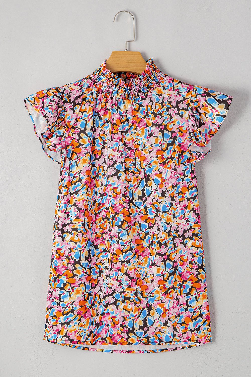 orange floral print shirred stand neck flutter shoulder blouse - MAD RUFFI