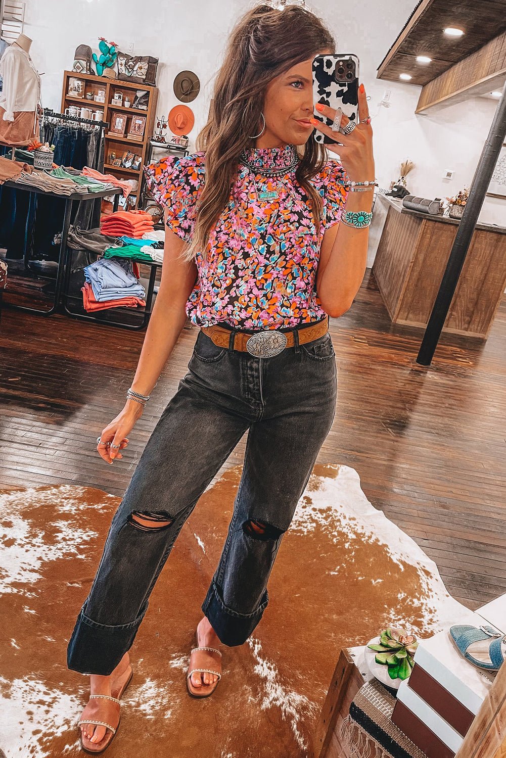 orange floral print shirred stand neck flutter shoulder blouse - MAD RUFFI