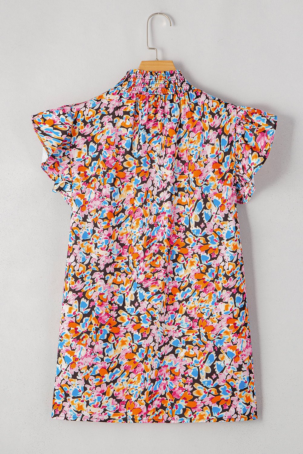 orange floral print shirred stand neck flutter shoulder blouse - MAD RUFFI