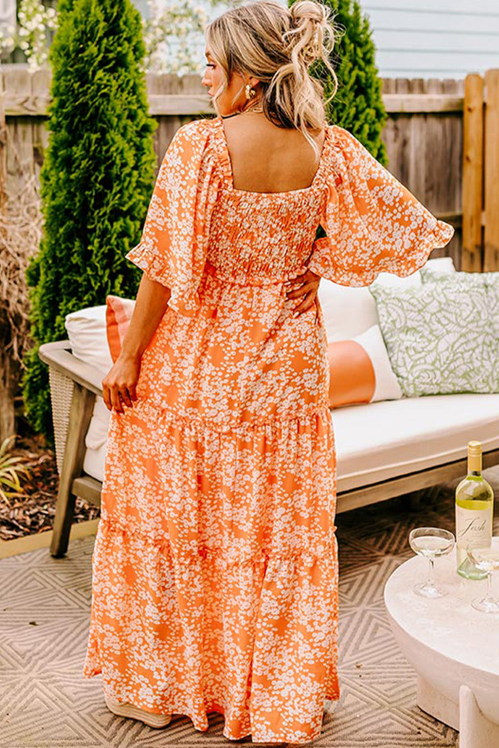 Orange Floral Print Smocked V Neck Bell Sleeve Maxi Dress - MAD RUFFI