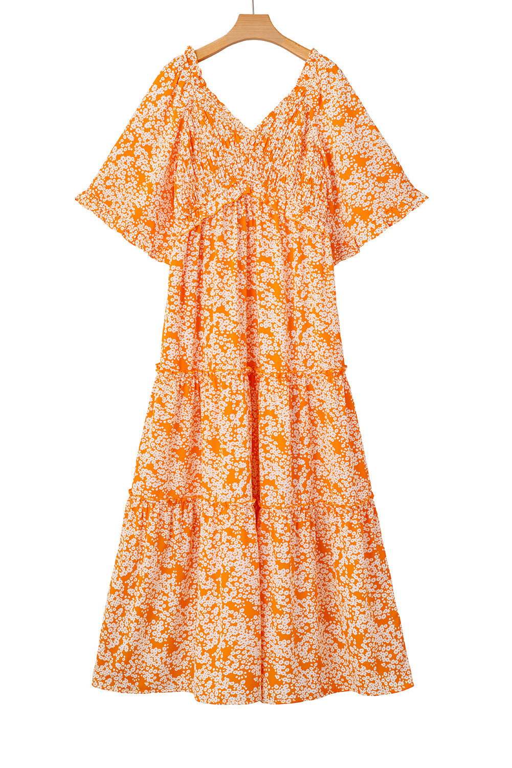 Orange Floral Print Smocked V Neck Bell Sleeve Maxi Dress - MAD RUFFI