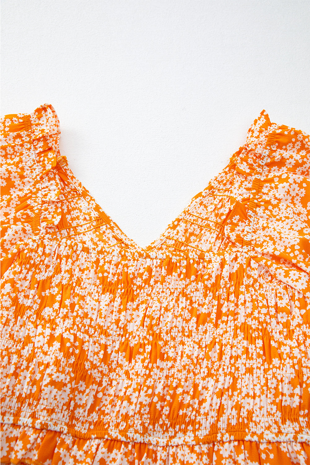 Orange Floral Print Smocked V Neck Bell Sleeve Maxi Dress - MAD RUFFI