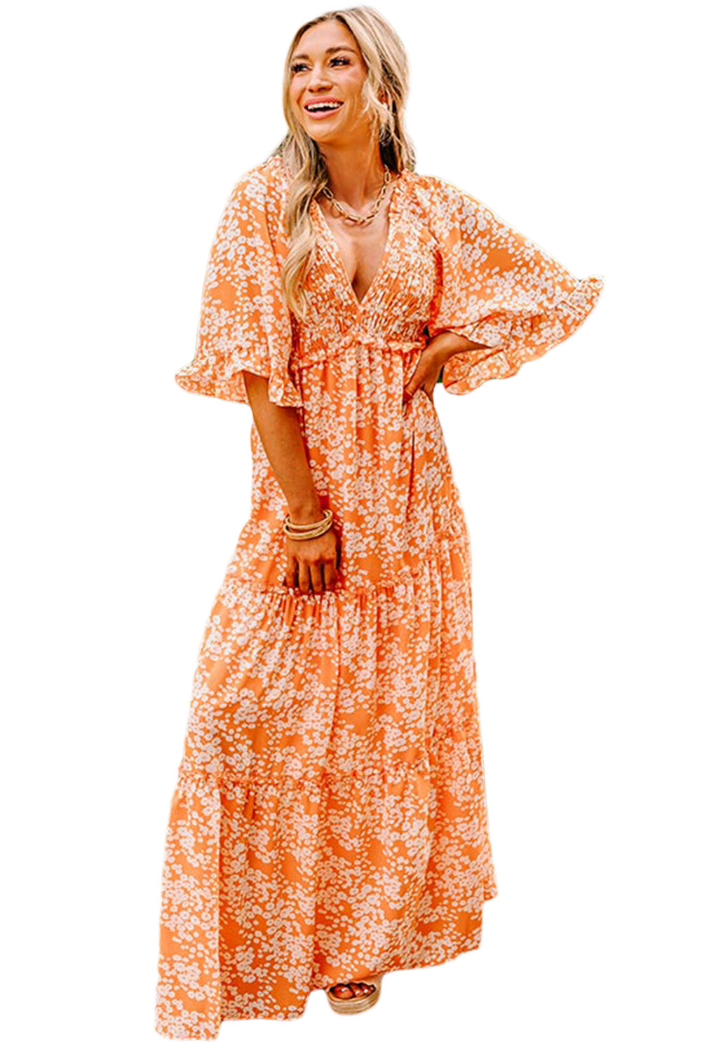 Orange Floral Print Smocked V Neck Bell Sleeve Maxi Dress - MAD RUFFI