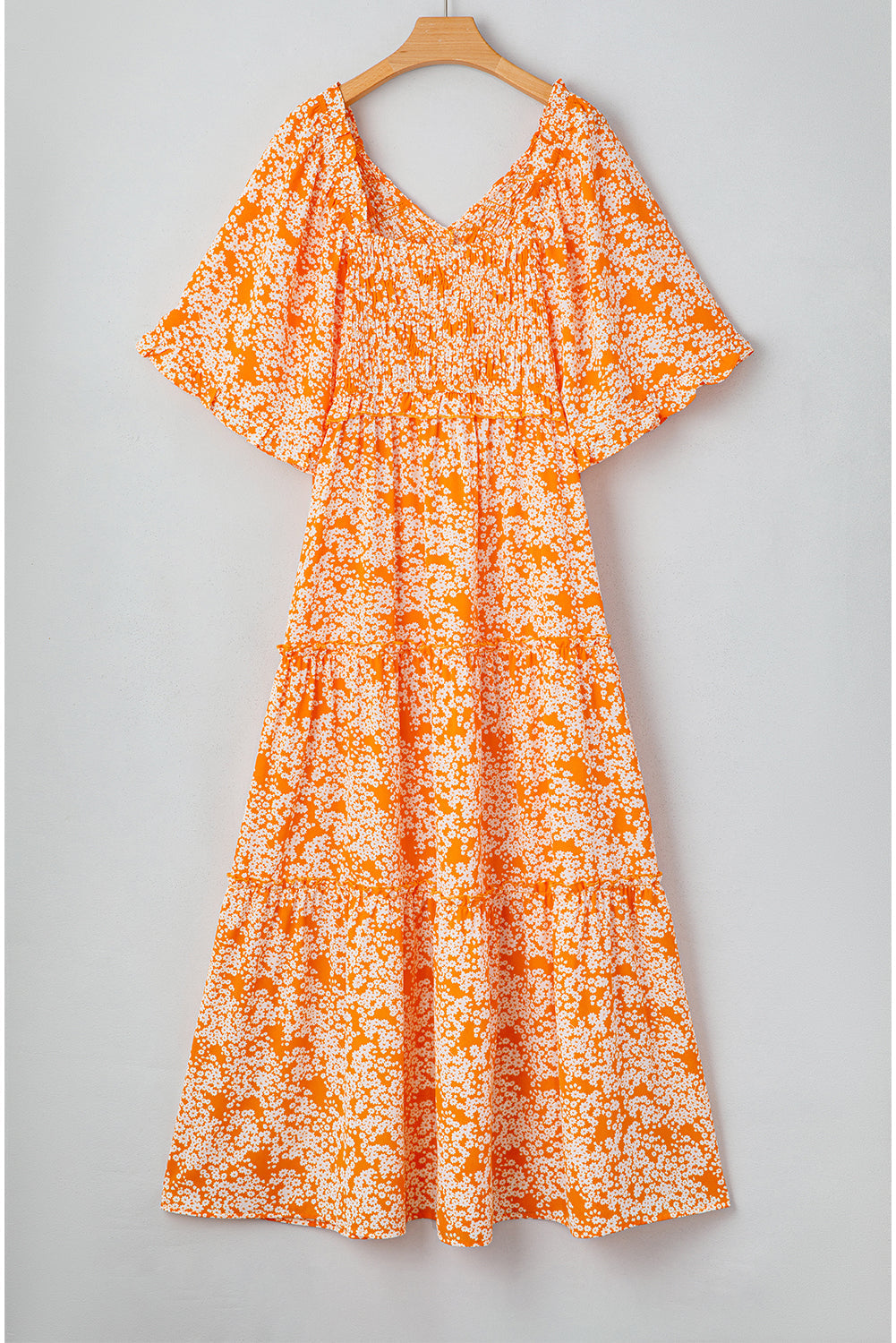 Orange Floral Print Smocked V Neck Bell Sleeve Maxi Dress - MAD RUFFI