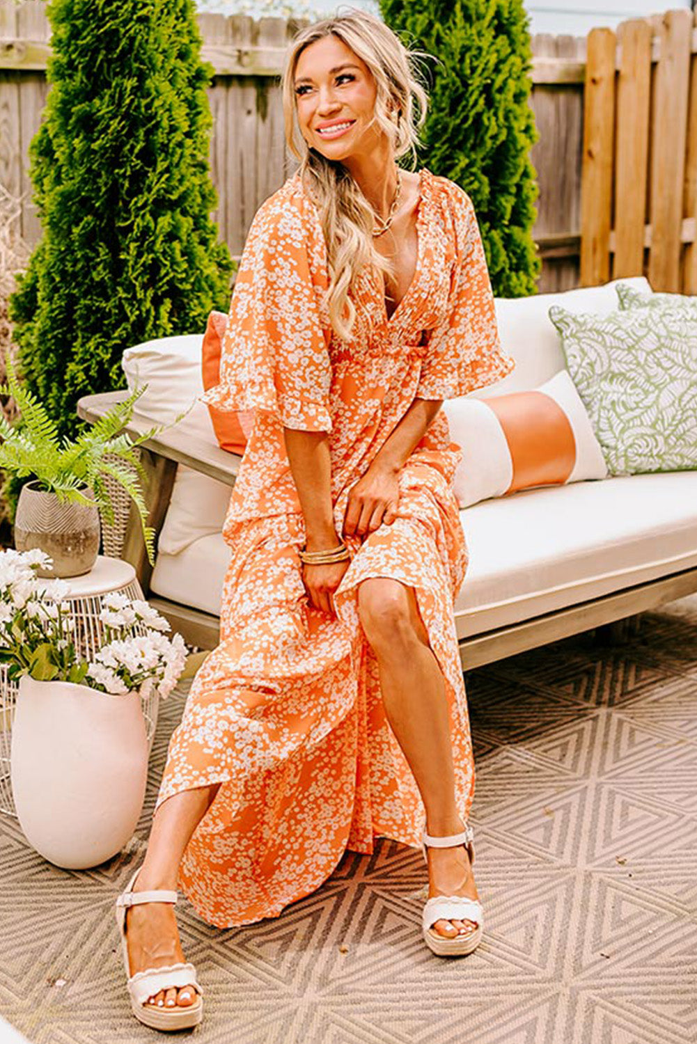 Orange Floral Print Smocked V Neck Bell Sleeve Maxi Dress - MAD RUFFI