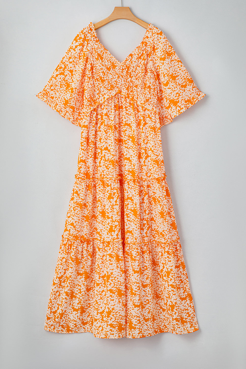 Orange Floral Print Smocked V Neck Bell Sleeve Maxi Dress - MAD RUFFI