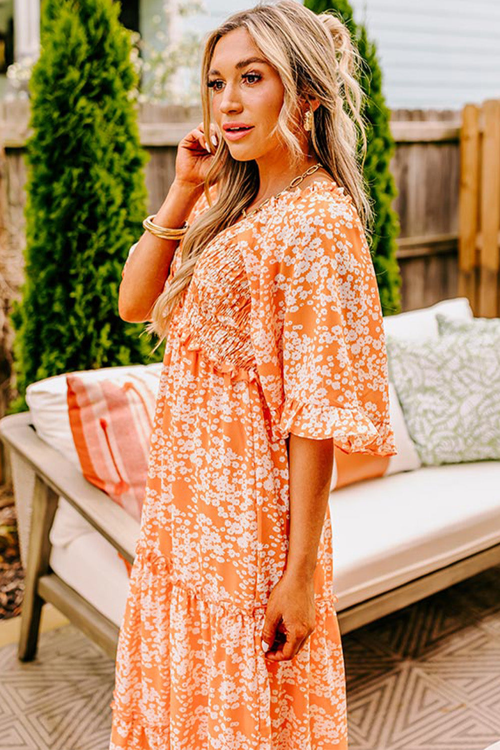 Orange Floral Print Smocked V Neck Bell Sleeve Maxi Dress - MAD RUFFI