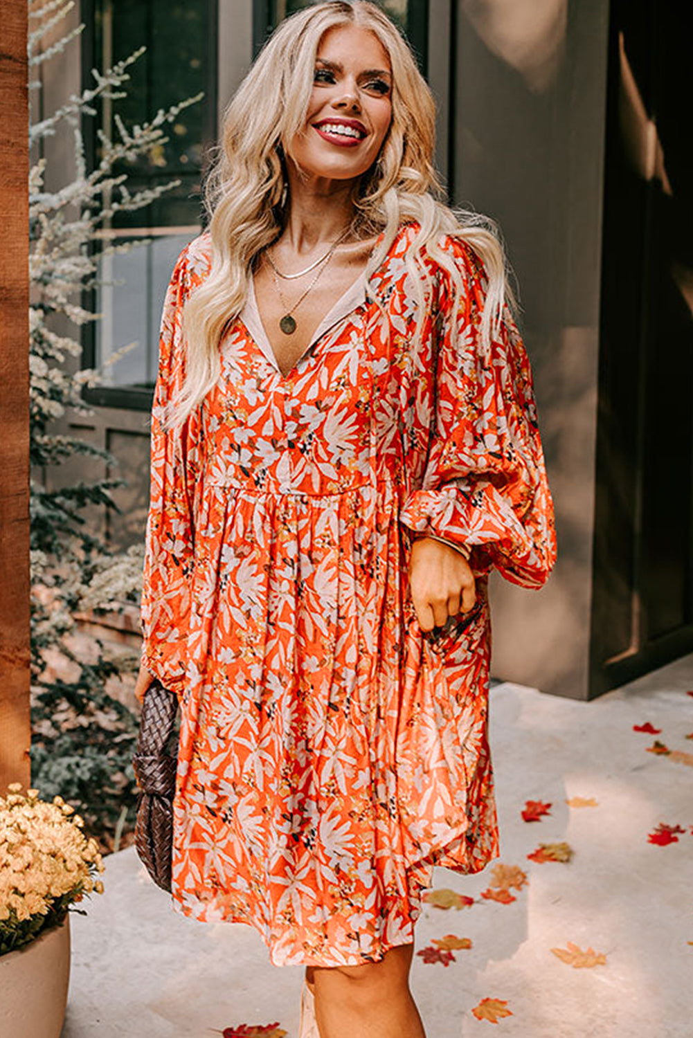 Orange Floral Print Split V Neck Bubble Sleeve Plus Size Midi Dress - Plus Size Dresses