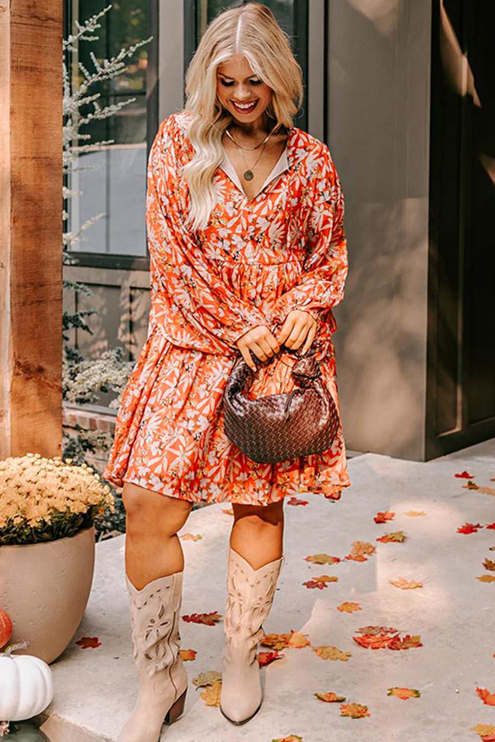 Orange Floral Print Split V Neck Bubble Sleeve Plus Size Midi Dress - Plus Size Dresses