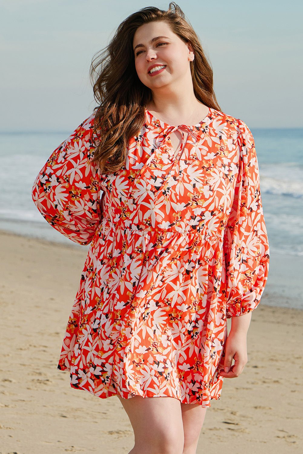 Orange Floral Print Split V Neck Bubble Sleeve Plus Size Midi Dress - MAD RUFFI