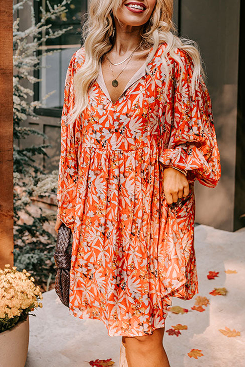 Orange Floral Print Split V Neck Bubble Sleeve Plus Size Midi Dress - Orange / 1X - Plus Size Dresses